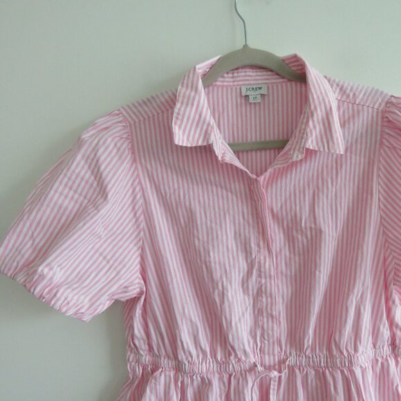 J. CREW Collared Puff Sleeve Mini Shirt Dress Striped Cotton Pink White Preppy - Picture 4 of 15